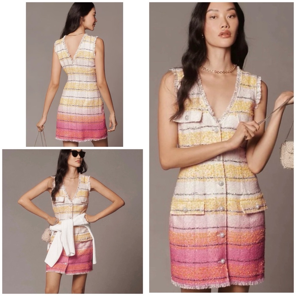NWT Anthropologie Maeve Tweed Ombré Rainbow Rhinestone Pearl Boulce V-Neck Dress